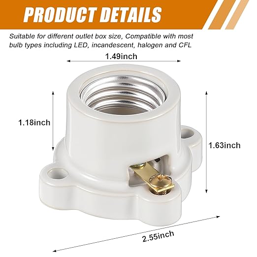 8 Pcs Porcelain Lamp Holder Socket E26/E27 Medium Keyless Threaded Socket with Two Hole Flanged Mounting 660W 250V Medium Base Lampholder Cleat Sockets for Indoor Garage Closet Lighting
