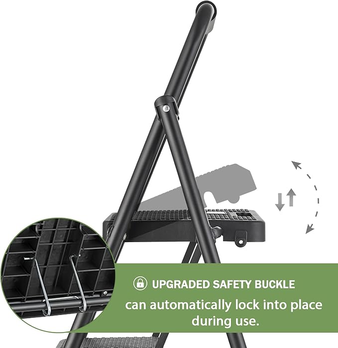 3 Step Ladder, Folding Step Stool 500 Lbs Capacity for Adults & Kids, Heavy Duty Steel Sturdy Step Ladder with Non Slip Wide Pedals, Space Saving Step Stool for Home Kitchen Office Library, Black