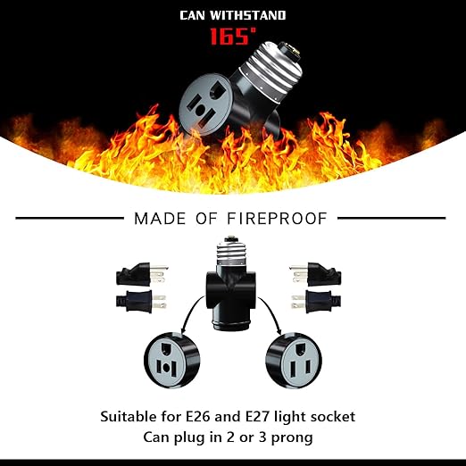 2 Pack, Light Socket to Plug Adapter, Convert E26 Light Socket to 3-Prong Outlet Adapter and Light Bulb Socket (Black)