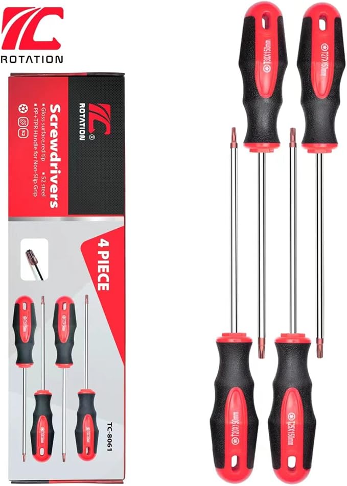 ROTATION 4PCS Magnetic Tip Torx Screwdriver Set, 4 Torx Star Screwdrivers, T20, T25, T27, T30, Red Tip | Red, Gloss, S2 Steel