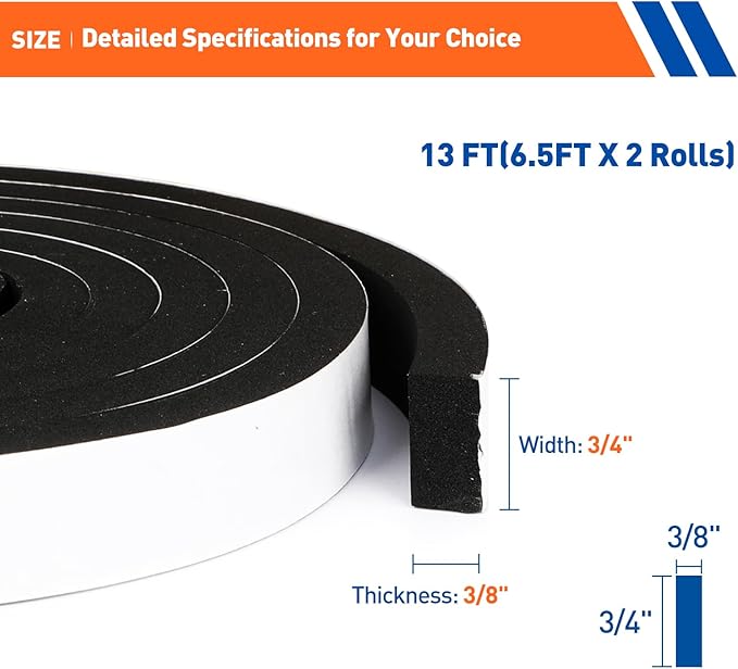 MAGZO Weather Stripping Door Seal, 3/4 Inch Wide X 3/8 Inch Thick Adhesive Foam Tape Soundproof Weatherstripping for Windows, 2 Rolls Total 13FT Black