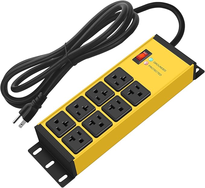 CCCEI Magnetic Heavy Duty Power Strip Surge Protector 20Amp, 12 Gauge High Amp Extension Outlets, Garage Wall Mount 8 Plug Metal Power Strip. 15FT, Yellow, 5-15P Adapter 6-20R T-Slot 20a for Appliance