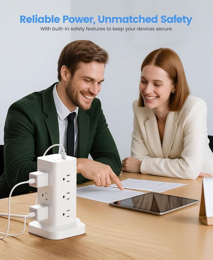 15-in-1 Power Strip Tower with Surge Protector 1800J, Fast Charging Tower PD20W USB-C Ports with 12 AC Outlets, 10ft Extension Cord for Home Office Dorm Room, White