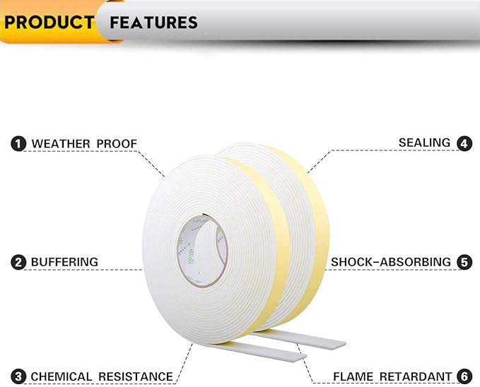 Foam Insulation Tape, Weather Seal Strip for Doors, Windows, Air Conditioning, Plumbing, Pipes, Weatherstrip, Waterproof, Seal, Foam Strips (White, 66Ft x 1/8” x 2”)