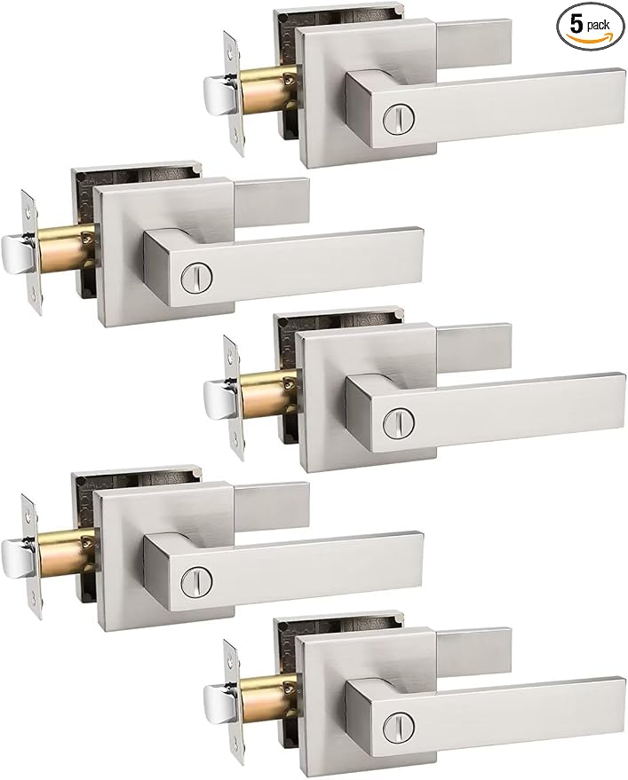 5 Pack Privacy Square Brushed Nickel Door Handles Interior, Keyless Door Knobs for Bedroom/Bathroom, Reversible for Left Right Handed Doors