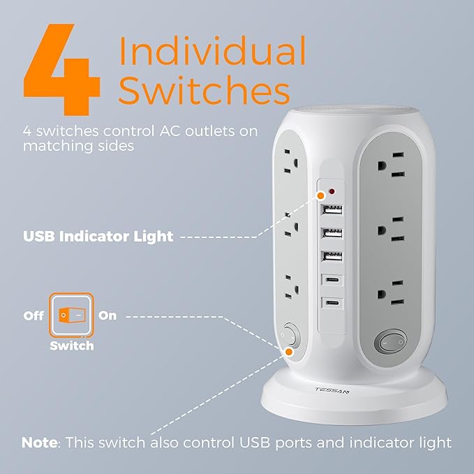 TESSAN Tower Power Strip with Individual Switches, Surge Protector with 12 Outlets, 5 USB Ports(2 USB C), Flat Extension Cord 10 Ft, Flat Plug, Charging Station for Multiple Devices, for Office, Dorm
