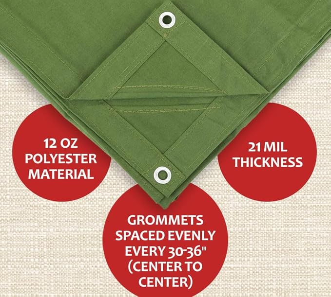Mytee Products 20' x 40' 12oz Green Canvas Tarp with Grommets - Water Resistant - Heavy Duty Canvas Tarps - Multipurpose Tarpaulin Cover for Canopy Tent, Roof, Camping, Semi Trucks & Cargo