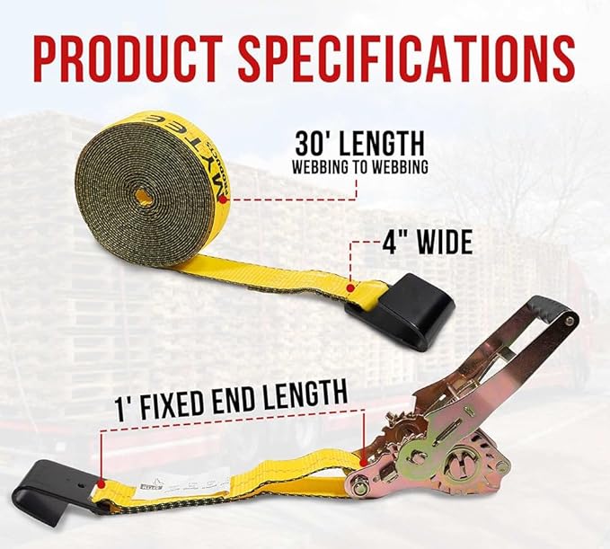 Mytee Products 4 Pack 4" x30' Self-Tensioning Ratchet Tie Down Straps with Flat Hooks - 5,400 Lbs WLL - Heavy Duty Tie Down Ratchet Straps for Flatbed, Truck, Trailers, Cargo, Pickup - Yellow
