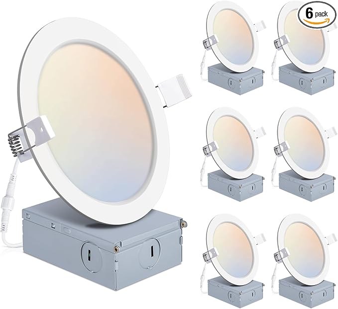 6 Pack 6 Inch LED Recessed Lights with Junction Box, Recessed Lighting 6 Inch 5CCT Dimmable 2700K-6000K,15W 1200lm Canless Downlight-ETL and Energy Star Certified