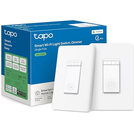 TP-Link Tapo Matter Smart Dimmer Switch: Voice Control w/Siri, Alexa & Google Assistant, UL Certified, Timer & Schedule, Easy Guided Install, Neutral Wire Required, Single Pole, Tapo S505D(2-Pack)
