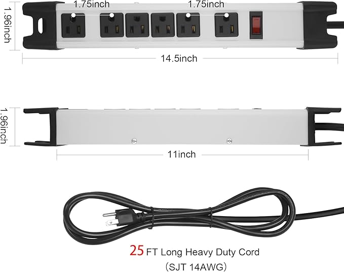 Heavy Duty Power Strip Surge Protector - 6 Outlet Industrial Strip with 15A, 25 FT Cord, 1200 Joules - ETL Listed Grey Metal for Shop, Workshop, Garden