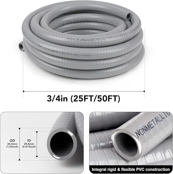3/4inch 50ft Liquid-Tight Conduit and Connector Kit,Flexible Non-Metallic Liquid Tight Electrical Conduit Kit with 5 Straight and 3 90-Degree Connector Fittings,3/4 in. Dia