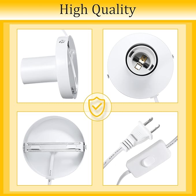 Tuanse 2 Pcs Polished Metal Desktop Lamp Base E26 E27 Screw Light Bulb Holder Sockets Night Light Base Lamp Replacement for Holding Bulb 6 Feet Cord on Off Switch Plug(White)