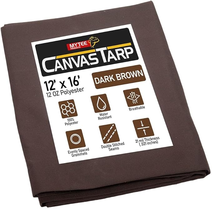 Mytee Products 12' x 16' Dark Brown Canvas Tarp 12oz - Water Resistant & Breathable - Heavy Duty Tarps - Multipurpose Tarpaulin Cover for Camping Tent