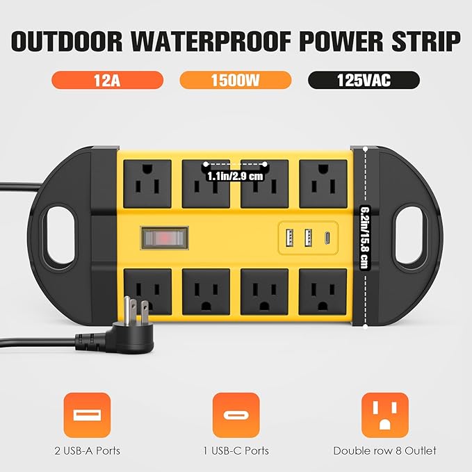 HHSOET Outdoor Weatherproof 8 Outlet Power Strip, IPX6 Waterproof Surge Protector, 2 USB-A 1 USB-C Ports, 15 FT Extension Cord for Outdoor Patio Garden Porch Garage