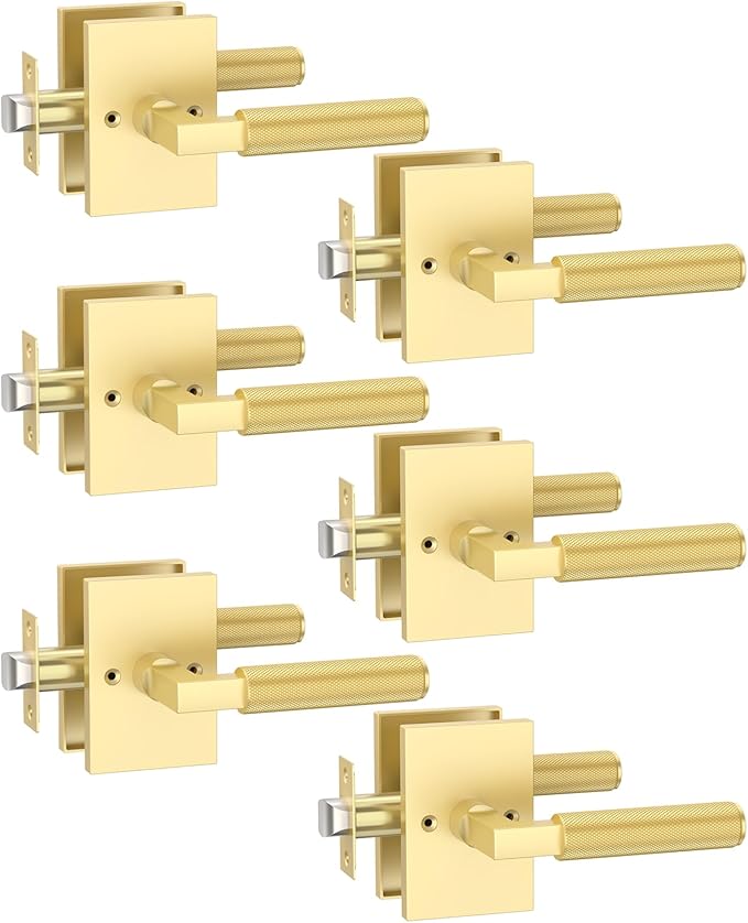 Asidrama 6 Pack Brushed Gold Passage Door Handles, Door Lever with Door Knobs Indoor for Bedroom or Bathroom, Heavy Duty Door Handles Interior with Locks for Left Right Sided Doors