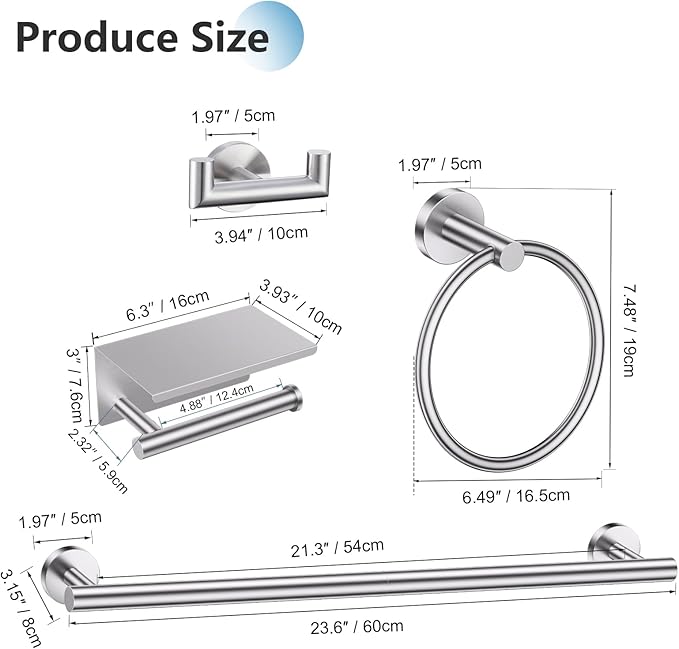 TNOMS Brushed Nickel 5 Pieces Towel Bar Set Bathroom Hardware Set Upgraded Toilet Paper Holder with Shelf,Towel Holder Set for Bathroom Stainless Steel Wall Mounted 23.6 Inch