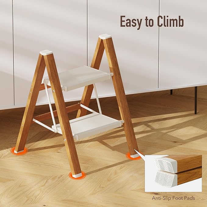 2 Step Lightweight Aluminum Folding Ladder, Portable Step Stool with Anti-Slip Pedals, 330 lbs Capacity for Home, Office, Kitchen(White&Woodgrain)