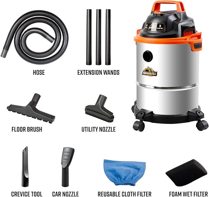 Armor All VO408S 0901 4 Gallon 3 Peak HP Stainless Steel Wet/Dry Vacuum, Orange