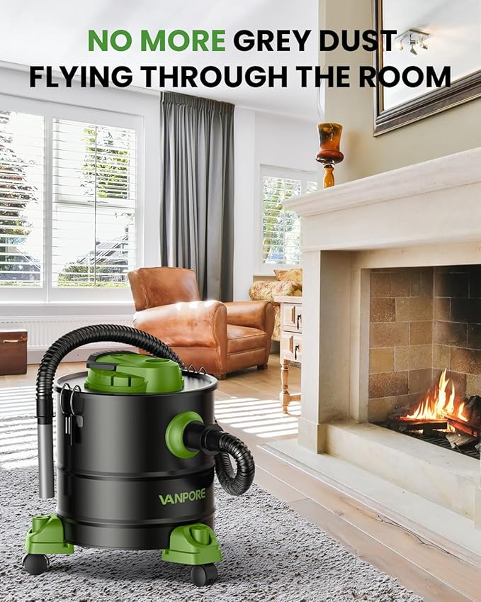 Ash Vacuum Cleaner 5.2 Gallon with 1200w Suction Power&Wheeled Base, Ash Vacuum for Pellet Stoves, Fireplaces, Grill, Wood Stove, Fire Pits,Green