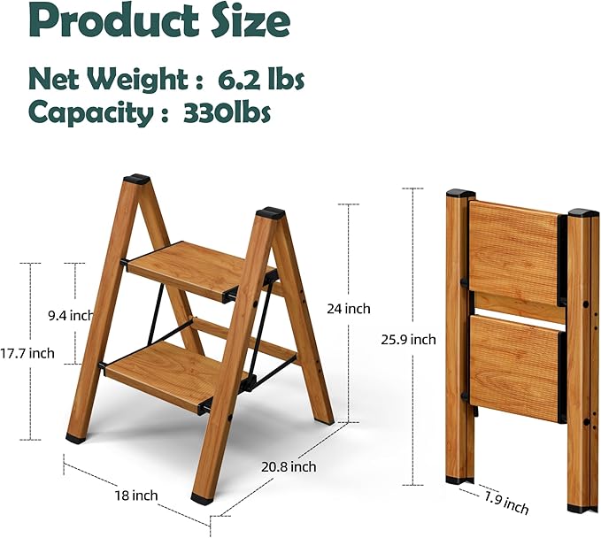Taranta 2 Step Ladder,Aluminum Lightweight Folding 2 Step Stool with Anti-Slip Wide Pedal, 330lbs Capacity Step Ladder for Household,Kitchen,Office - Woodgrain