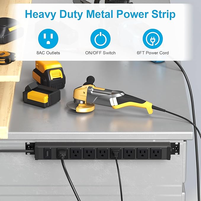 HHSOET 2 Pack Metal 360° Rotating Mountable Power Strip 8 Outlet Gaming Table Mounted Outlet Strip Heavy Duty Wall Mount Surge Protector with Switch 15A 125V 1875W 6ft Power Cord.