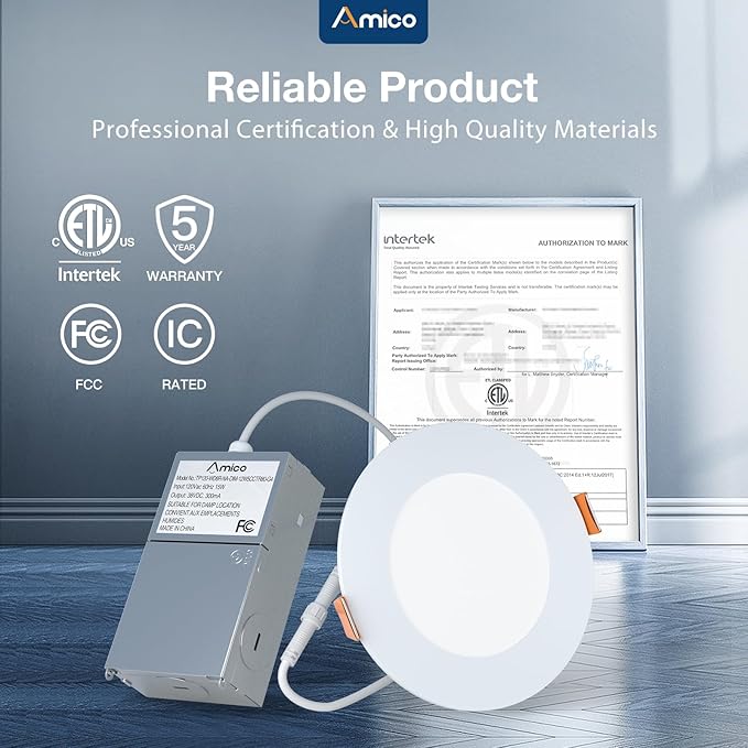 Amico 36 Pack 4 Inch 5CCT Ultra-Thin LED Recessed Ceiling Light with Junction Box, 2700K/3000K/3500K/4000K/5000K Selectable, 10W Eqv 60W, 800 LM, Dimmable High Brightness Downlight - ETL&FCC