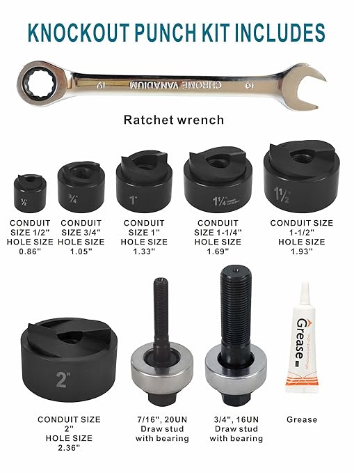 AMZCNC Manual Knockout Hole Punch Driver Kit 1/2 to 2 inch Electrical Conduit Hole Cutter Set KO Tool Kit ((Conduit Hole Size) 1/2"~2" Knockout Punch kit)