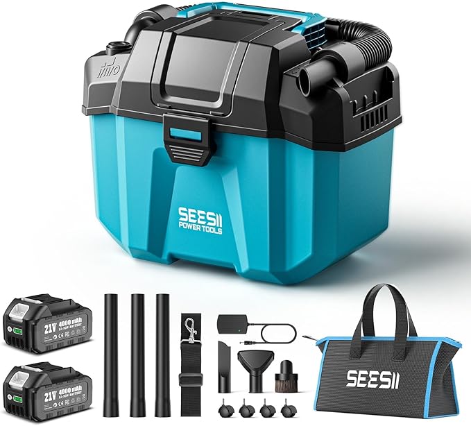 Seesii Cordless Shop Vac Wet and Dry, 2.6 Gallon Small Shop Vac with 2 x 4.0Ah Batteries, 3-in-1 Wet Dry Vacuum with HEPA Filter, Strap, Accessories Storage Bag, Ideal for Garage, Car, Workshop, House