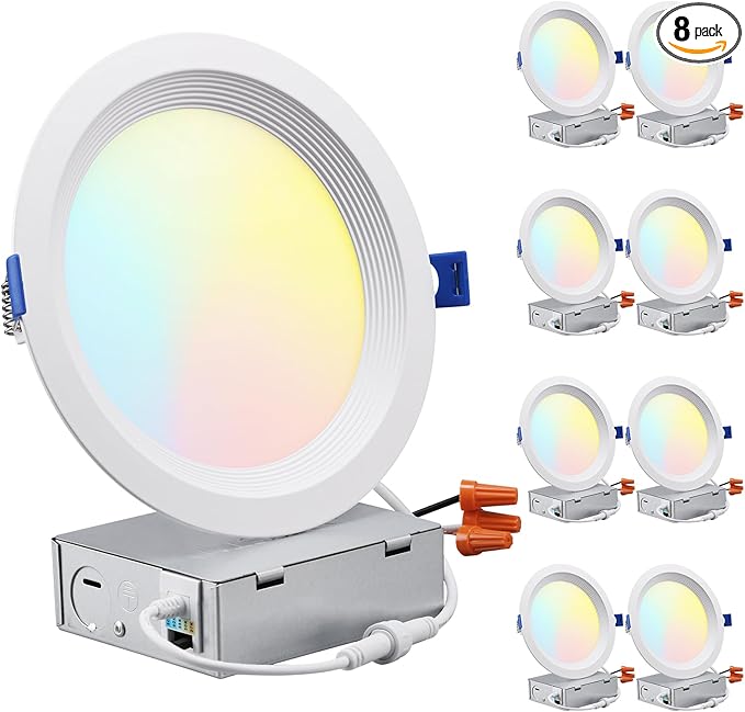 TORCHSTAR 8-Pack 5CCT 6 Inch Slim LED Recessed Lighting with Junction Box, Anti-Glare Baffle Trim, CRI90 Dimmable Aluminum Ceiling Downlight, Air Tight & IC Rated, 2700K3000K3500K4000K5000K Selectable