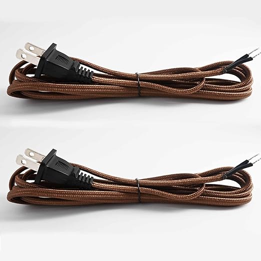 8 Feet Rayon Cloth Covered Replacement Lamp Cord with End Plug for Antique Lamp Repair DIY Project, SPT-1 Electric Wire,18 AWG, Stripped Ends,2 Pack,Brown Color