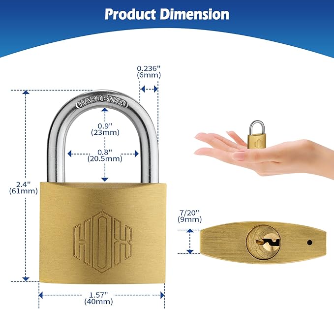 HOX Solid Brass Keyed Different Padlock with 1-9/16-Inch Wide Body, Brass Cylinder - for Hasp Latch, Sheds, Fences, Storage Locker, 6-Pack