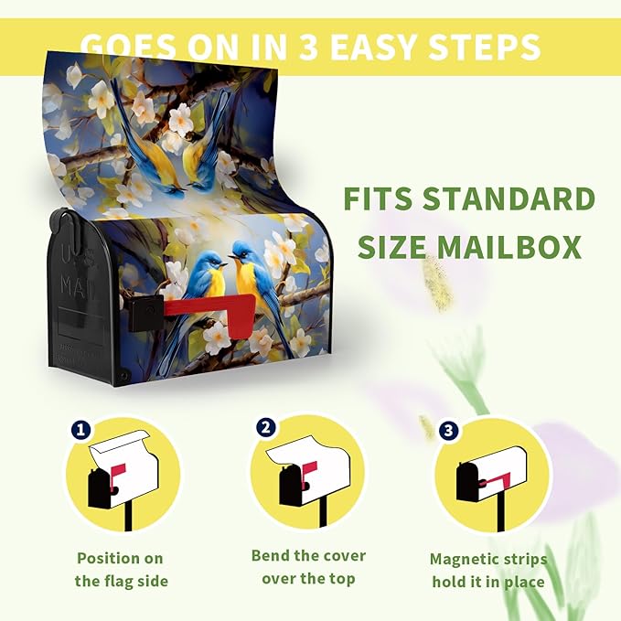 Summer Bird Floral Mailbox Covers Magnetic Spring Bluebirds Flower Mailbox Cover Standard Size 21x18 Inch Mailbox Wraps Outdoor Decoration Post Letter Box Cover for Garden Yard