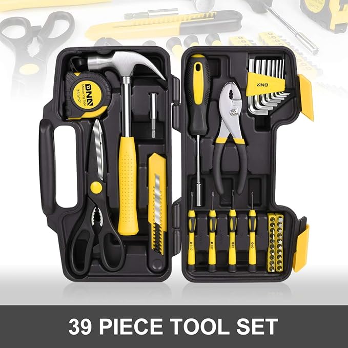 DNA MOTORING 39-Piece Household Tool Set General Repair Small Hand Tool Kit Storage Case for Home Garage Office College Dormitory Use, Yellow, TOOLS-00007