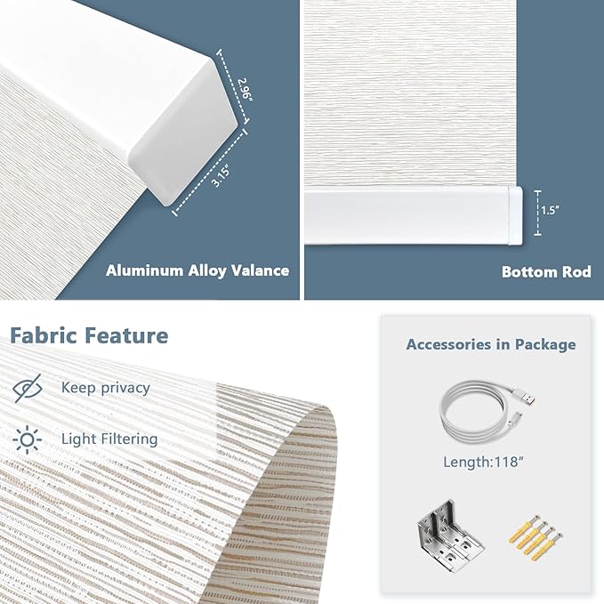 Motorized Blinds with Remote Cordless Automatic Motorized Shades Custom Blinds for Windows Smart Curtains Compatible with Alexa Google Home(Light Filtering Jacquard Beige,W41 x H72in)