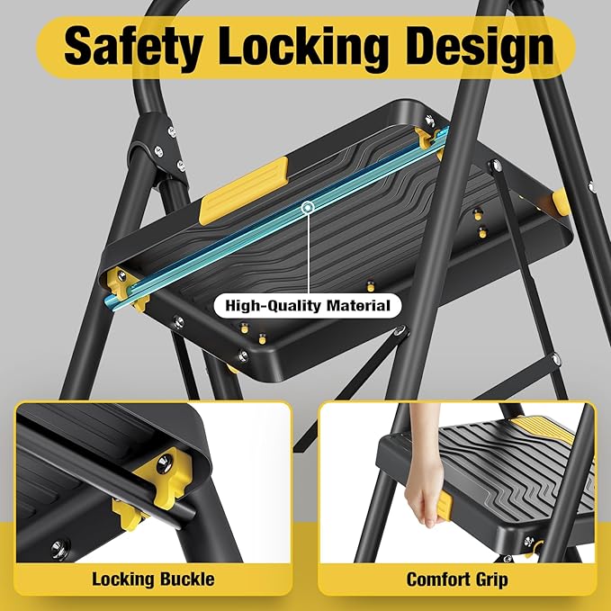 4 Step Ladder, Heavy-Duty Pass 800lb Capacity Test, Wide Anti-Slip Steps & Secure Handrail Compact, Folding Step Stool Portable Design for Home, Kitchen, Office, Pantry, Closet Use, Black