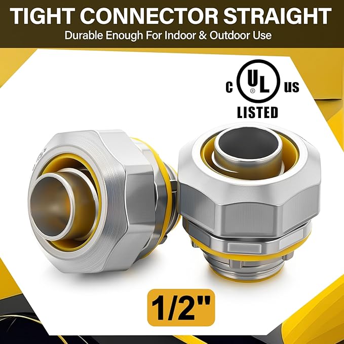 Gisafai 5 pcs Liquid Tight Connector Straight Insulated Zinc Die Cast Metal Tight Electrical Conduit Fittings for 1/2 inch Flexible and Type B Flexible