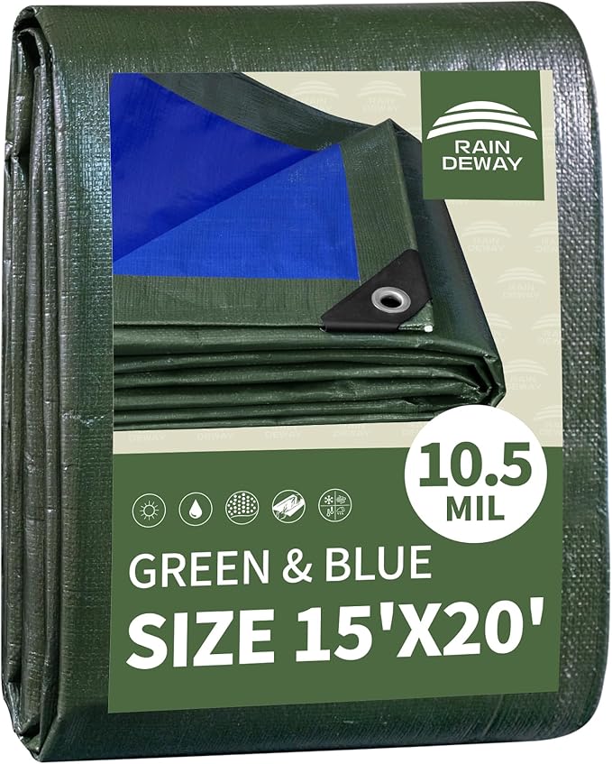 RAINDEWAY Tarps Heavy Duty Waterproof 15x20 Feet,10.5 Mil Waterproof Tarps for Outdoors,Multipurpose Poly Tarp Cover with Metal Grommets and Reinforced Edges,Green/Blue