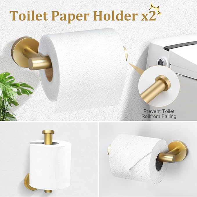 TURS Brushed Gold 10 Pieces Bathroom Hardware Set, SUS304 Stainless Steel 24 Inch Bath Towel Bar Set, Round Bathroom Accessories Kit Wall Mounted