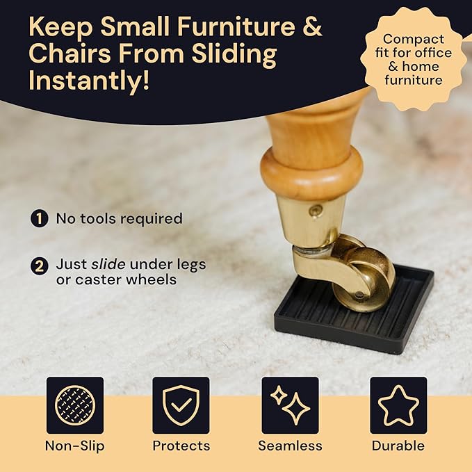 CasterMaster Non-Slip Rubber Furniture Pads - 2x2in Pack of 8 Black - Floor Scratch Protector - Anti-Skid Design & Keep Furniture from Sliding - Caster Cups & Rubber Feet