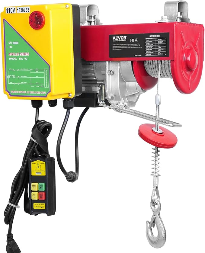 VEVOR 1320lbs Wireless Electric Hoist, 1150W 110V Electric Steel Wire Winch with Wireless Remote Control, 40ft Single Cable Lifting Height & Motor, for Garage Warehouse Factory