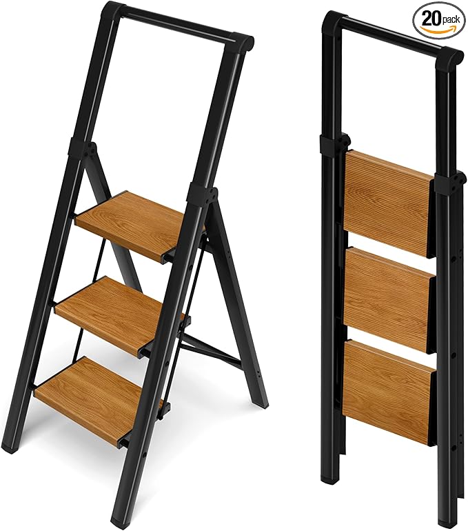 Taranta 3 Step Ladder, Portable Folding Ladder with Wide Pedal,Lightweight Aluminum Step Stool with Convenient Handgrip,330 lbs Capacity Stepladder for Home, Office-BlackWoodgrain