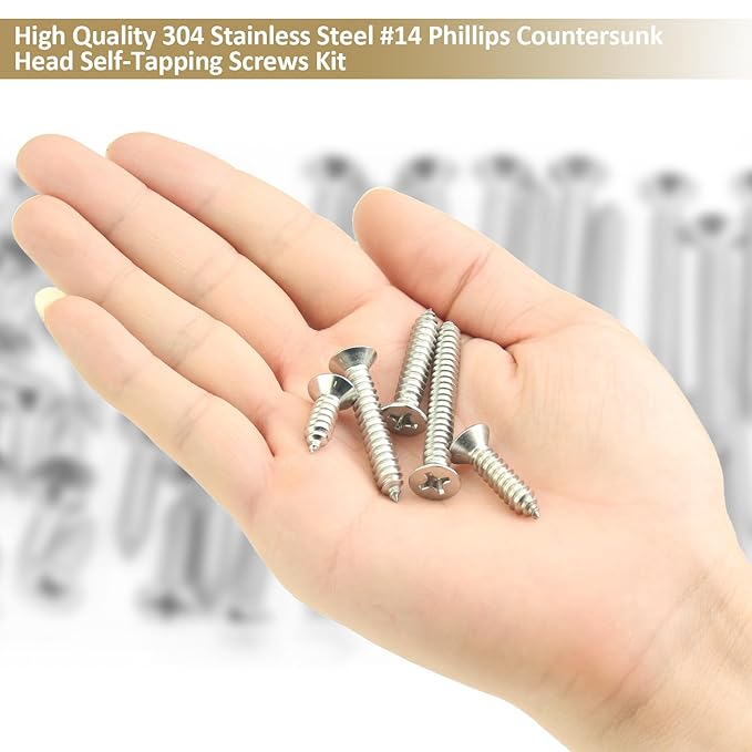 54 Pieces #14 x 3/4" 1" 1-1/4" 1-1/2" 2" Phillips Countersunk Head Self-Tapping Screws, Wood Screws Assortment Kit, 304 Stainless Steel