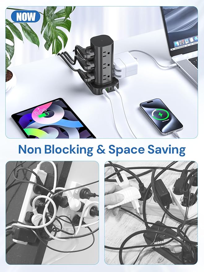 Tower Power Strip with Surge Protector - 12 AC Outlets & 4 USB Ports (2 USB-C), 6FT Extension Cord, Charging Station Tower for Home Office Dorm Travel (Black)