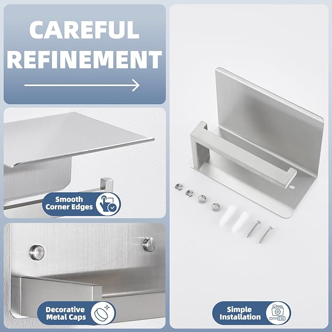 APLusee Brushed Nickel Toilet Paper Holder with Phone Shelf, 304 Stainless Steel Toilet Tissue Roll Holder, Wall Mounted Bathroom Paper Roll Dispenser