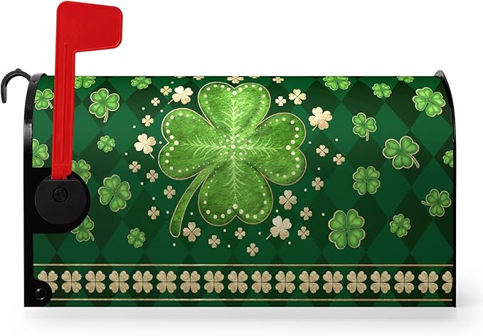 St Patrick's Day Mailbox Cover Magnetic Large Size 25.5 X 21 Inch Green Shamrock Clovers Magnetic Mailbox Covers Oversized Spring Post Letter Box Cover Wraps for Outside Garden Decor