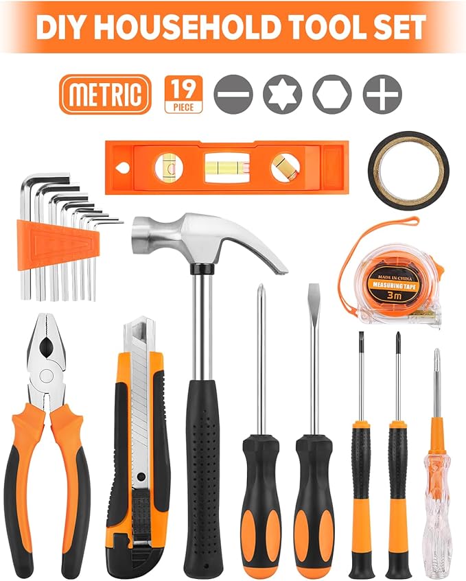 19pcs Household DIY Tool Set, Basic Tools for Home, Office, Dorm, General Hand Kit with Storage Case