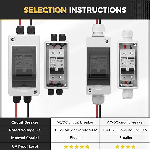 Solar Panel Disconnect Switch 32 Amp 4 Holes DC AC Miniature Circuit Breaker 500V 2 Poles with PV Connector and IP65 Waterproof UV-Proof Box for Outdoor Solar PV Homes Battery