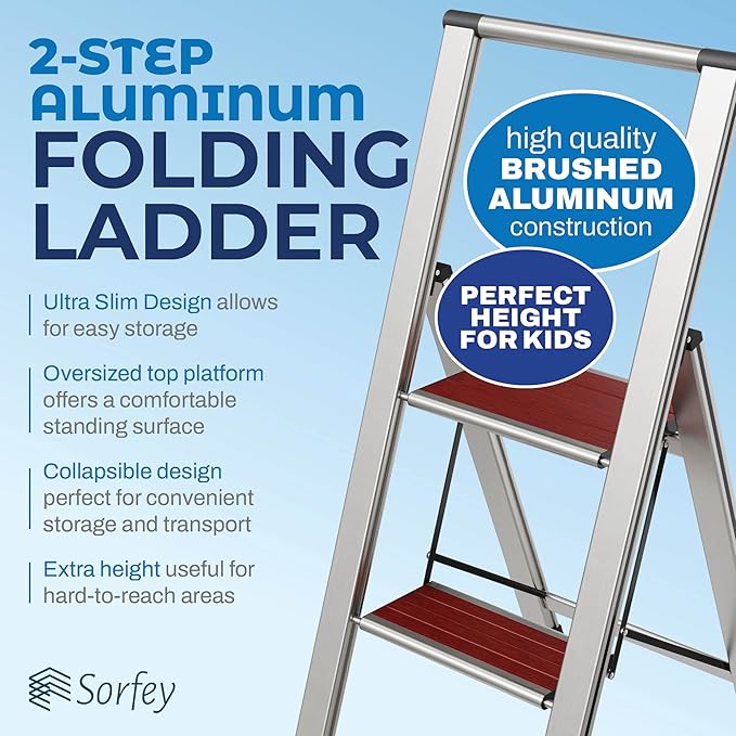 Step Ladder 2 Step Folding, Decorative - Beautiful Mahogany & Silver Aluminum, Ultra Slim Profile, Anti Slip Steps, Sturdy-Portable for Home, Office, Kitchen, Photography Use,by SORFEY