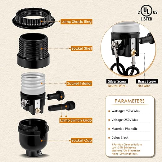 UL Listed E26 Light Socket Replacement with 3-Position Knob Switch for Brigtness Setting, 2 Lamp Shade Rings and Other Lamp Repair Parts, Compatible with Table Lamp, Floor Lamplight Fixture,Black (2)